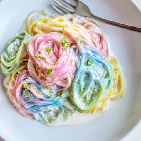 Whimsical Neon Noodle Cloud, showcasing vivid noodles in a fluffy cream sauce.  