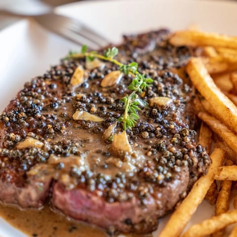 Succulent, peppercorn-crusted ribeye served alongside golden, crispy fries for indulgence.  