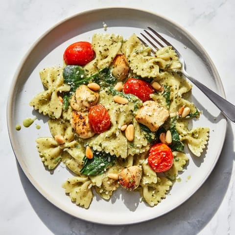 Tender chicken and bowtie pasta in creamy pesto sauce, garnished with fresh basil.  