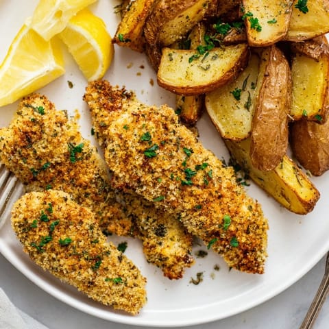 Golden-brown potato wedges alongside flavorful chicken tenders make a delightful meal.  