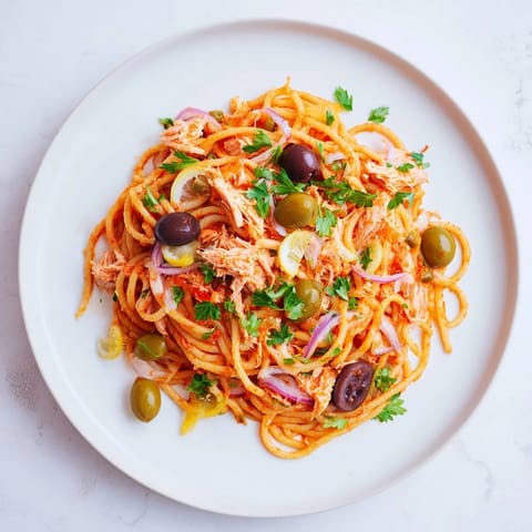 Close-up of a rustic pasta with tuna, olives & capers dish, ready for a delicious Italian meal.