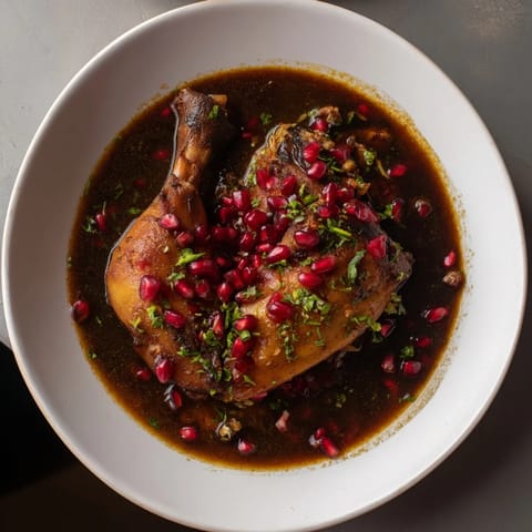 This close-up photo shows the beautifully dark, thick sauce of the Pomegranate Walnut Fesenjan Stew.