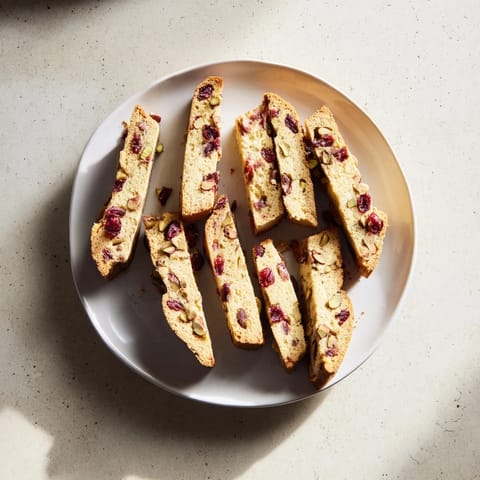 Close-up of crispy, twice-baked White Chocolate Cranberry Pistachio Biscotti, studded with bright cranberries and nuts.