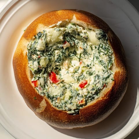 Creamy Express Holiday Spinach Dip in a sourdough bread bowl, a crowd-pleasing appetizer with red pepper garnish.