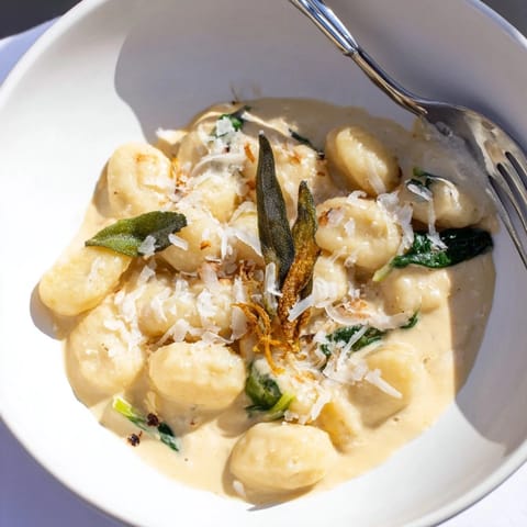 Golden-brown crispy sage leaves top a bowl of rich One-Pot Creamy Pumpkin Sage Gnocchi Pasta.