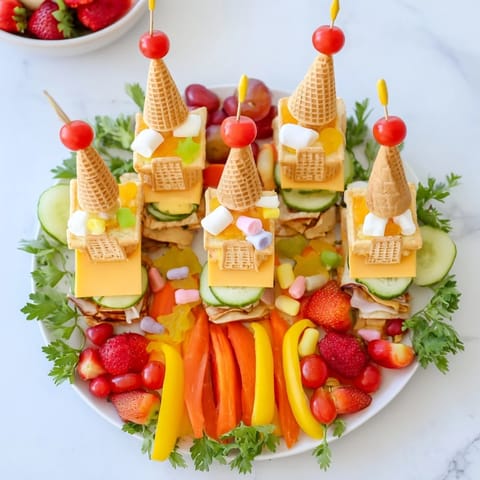 Fairy Tale Castle Platter with colorful fruits and veggies, perfect for a kids' party!