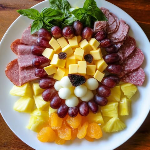 Lion King savory meat and cheese platter with vibrant fruits, nuts, and cheeses for a themed appetizer.