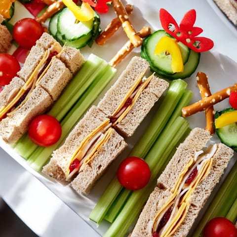 An appealing close-up of the Train Track Sandwich Board, showing the creative lunch train ready to eat.