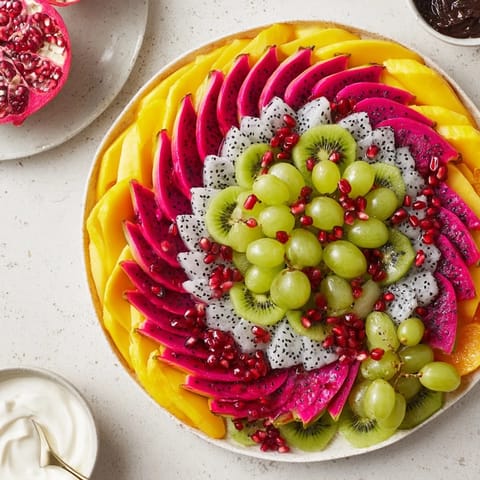 Freshly cut, colorful fruits come together in this Dragon Scales Fruit and Dip Board arrangement, ready to be enjoyed.