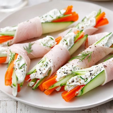 Vibrant plate of Ribbon Dancer appetizers: carrot and cucumber ribbons around turkey, garnished with herbs.
