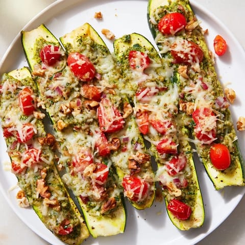 Cheesy Pesto Zucchini Boats
