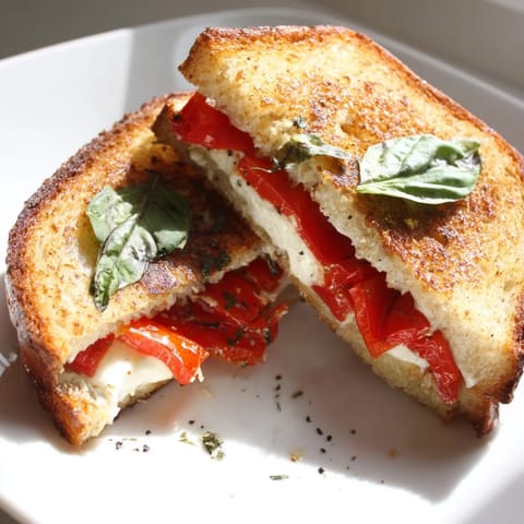 A close-up of a richly flavored, toasted Roasted Red Pepper Grilled Cheese ready to be devoured.