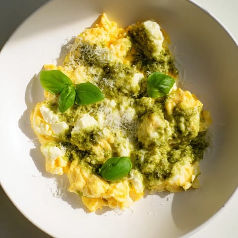 Scrumptious plate of Pesto Cottage Cheese Eggs, creamy scrambled eggs with pesto and Parmesan cheese for brunch.