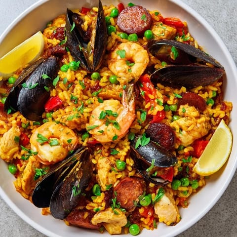 Saffron-infused Paella with shrimp and mussels, showcasing a vibrant, flavorful Spanish dish.