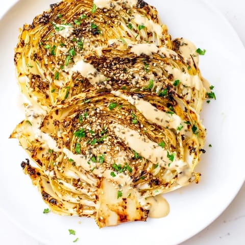 Savory roasted cabbage steaks with a velvety tahini sauce, topped with fresh parsley and lemon wedges on a platter.  
