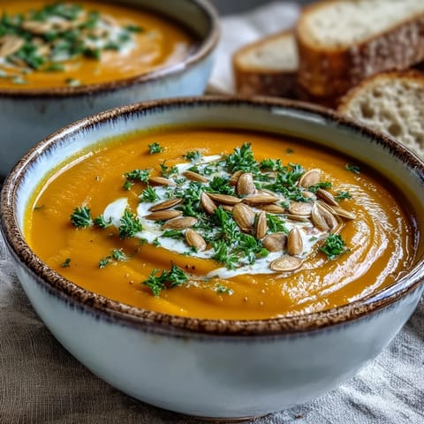 A velvety ladle of Pumpkin Soup with fresh parsley and a sprinkle of warming spices.