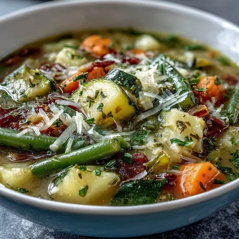 A steaming bowl of Parmesan Veggie Soup topped with fresh parsley and grated cheese, served alongside crusty bread for dipping.