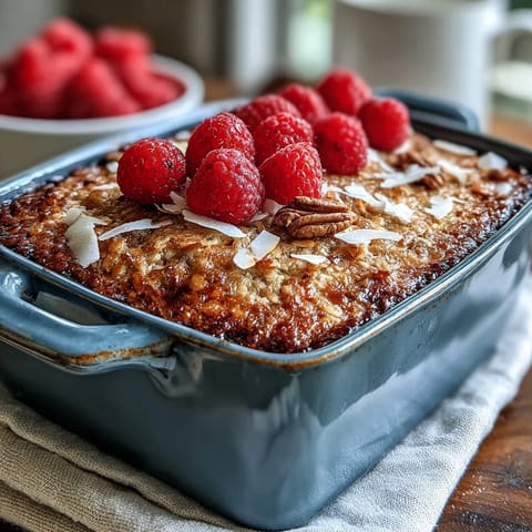 A square slice of the vegan breakfast bake shows juicy raspberries and toasted coconut.
