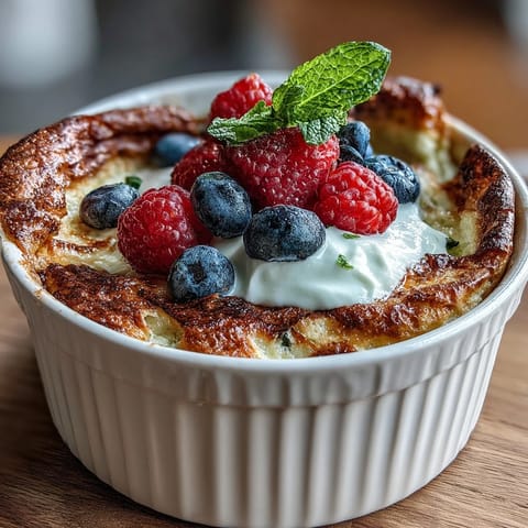 A single-serve Baked Protein Pancake Bowl with chocolate chips, ready to eat with a drizzle of maple syrup for a sweet treat.