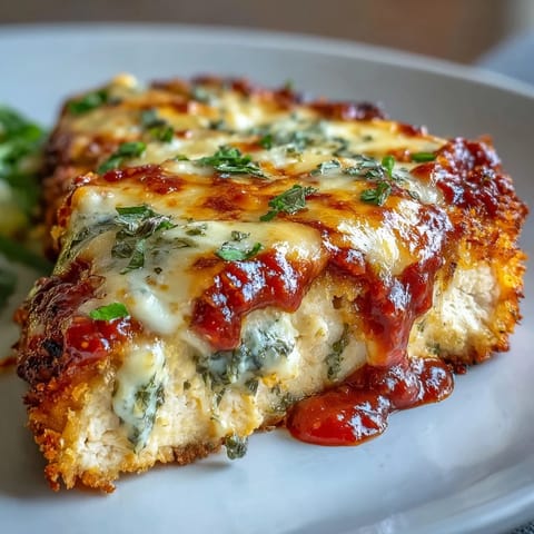 Freshly baked Pesto Chicken Parmesan plated beside a simple green salad, featuring golden cheese crust and fresh basil garnish for a complete weeknight meal.