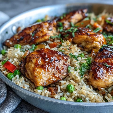 Bright honey BBQ glazed chicken rests over tender rice with colorful bell peppers and peas in this family-style One-Pan Bold Honey BBQ Chicken Rice dinner.