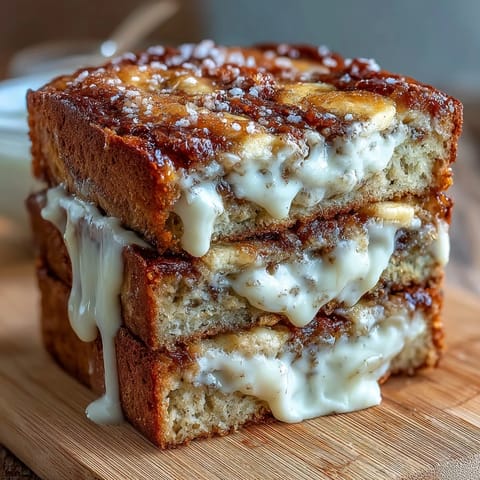 A rustic loaf of Cream Cheese Cinnamon Swirl Banana Bread with caramelized sugar topping on a wooden board.