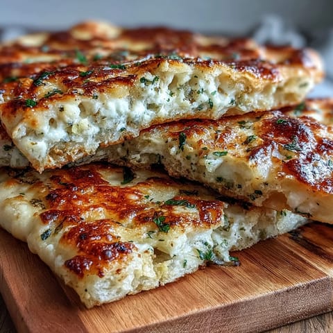 Soft, fluffy Best Easy Garlic Naan Bread brushed with buttery garlic topping, served warm next to a flavorful red curry bowl.