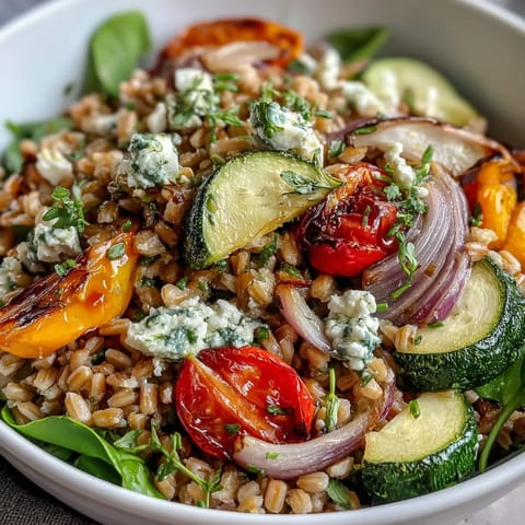 A vibrant Farro Pasta Bowl topped with toasted pine nuts and fresh parsley over a bed of whole grains.