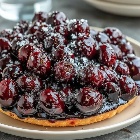A slice of Black Currant Fruit Tart reveals a crisp, buttery crust filled with deep purple curd and fresh berry garnish.