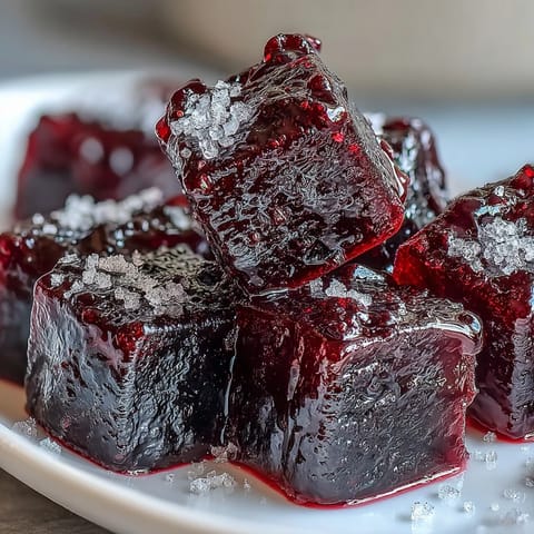 Freshly made Black Currant Gummies glistening on a cooling rack, showing their deep purple hue and chewy texture.