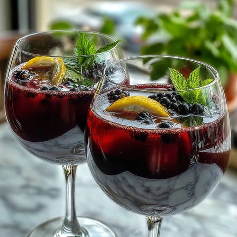An elegant Black Currant and Cassis Cocktail in a chilled wine glass, garnished with fresh berries and a lemon twist. 