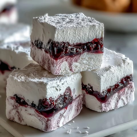 Freshly cut squares of Black Currant Marshmallows dusted with powdered sugar, showcasing a soft lavender hue.