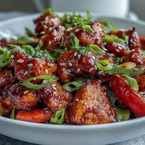 A skillet of Spicy Sweet Chicken Diablo with bell peppers and snap peas coated in a glossy, spicy-sweet sauce.