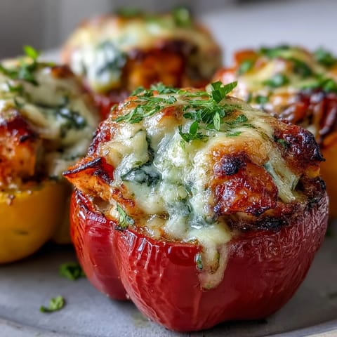 Golden baked bell peppers stuffed with creamy Garlic Parmesan Chicken and rice, topped with bubbly melted cheese.