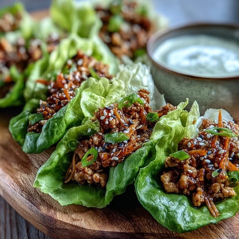 A close-up of Potsticker-Inspired Chicken Lettuce Boats filled with savory ground chicken and crisp veggies, with a small bowl of dipping sauce.