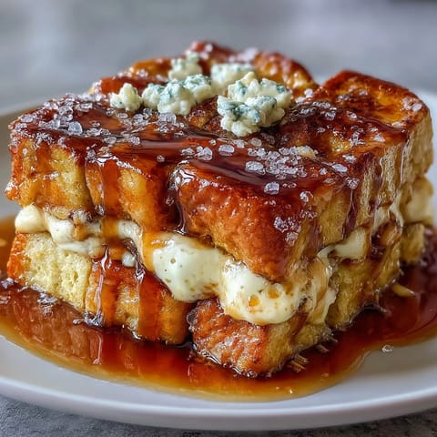 Decadent Caramel Cream Cheese French Toast Casserole served warm with fresh berries on a plate.