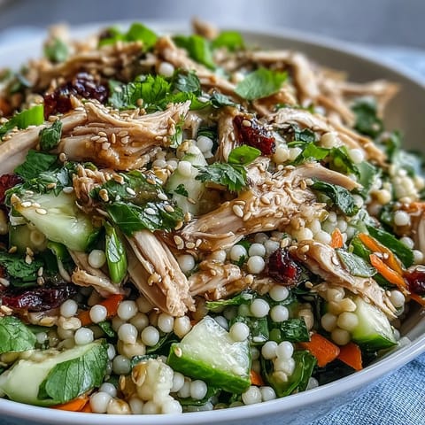 Pearl couscous salad with shredded rotisserie chicken, crisp cucumber, carrots, scallions, and fresh herbs tossed in a savory sesame-soy dressing and finished with toasted sesame seeds, served as a vibrant main dish.