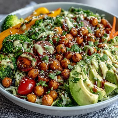 A close-up of a Rainbow Veggie Buddha Bowl with Sesame Ginger Dressing on a rustic table.