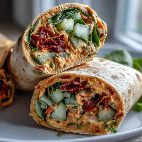 Freshly made Vegan Sun-Dried Tomato Hummus Veggie Wraps stuffed with crisp vegetables and creamy red spread.
