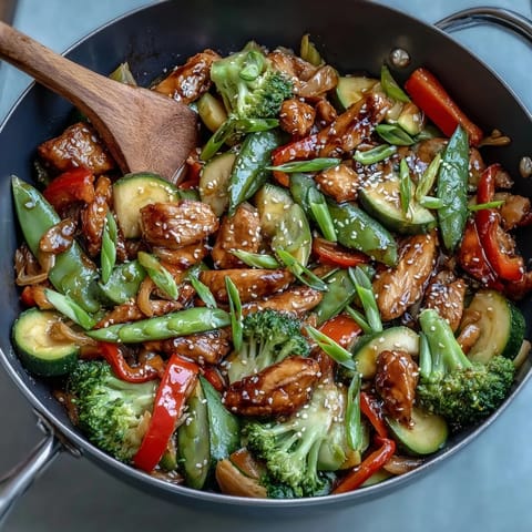 Sizzling chicken strips and crisp vegetables tossed in a savory ginger garlic sauce for a healthy weeknight dinner.
