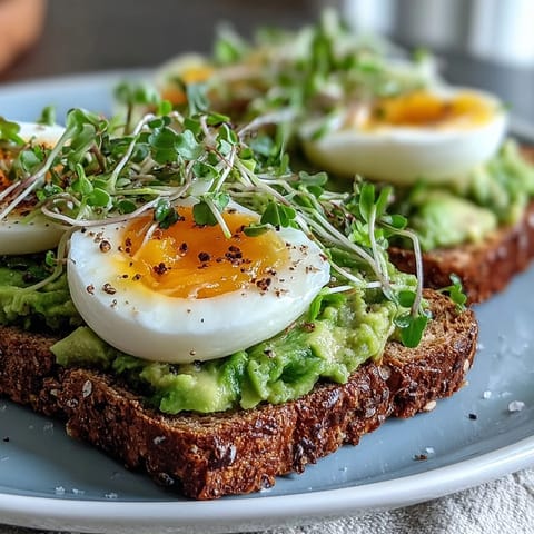 Green microgreens garnish soft-boiled eggs and mashed avocado spread thickly on toasted whole grain bread, perfect for a nourishing Clean Eating Avocado Toast breakfast.