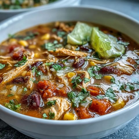 A vibrant bowl of high-protein chicken taco soup packed with diced vegetables, beans, and tender chicken, perfect for a hearty meal.