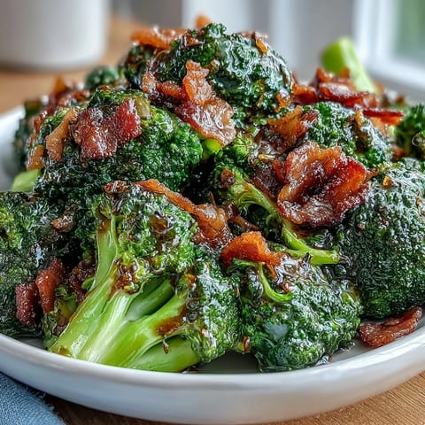 Crispy bacon and tender broccoli florets in a rich, savory garlic sauce—a perfect Asian-inspired side dish.  