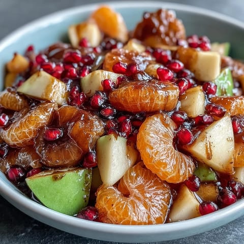 Festive holiday fruit salad featuring crisp Fuji apples, juicy mandarin segments, and ruby-red pomegranate seeds in spiced vanilla syrup.  