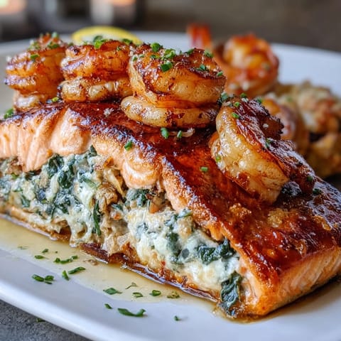 2. Oven-baked salmon stuffed with lump crab meat, Boursin cheese, and spinach, garnished with lemon wedges for a fresh seafood entrée.  