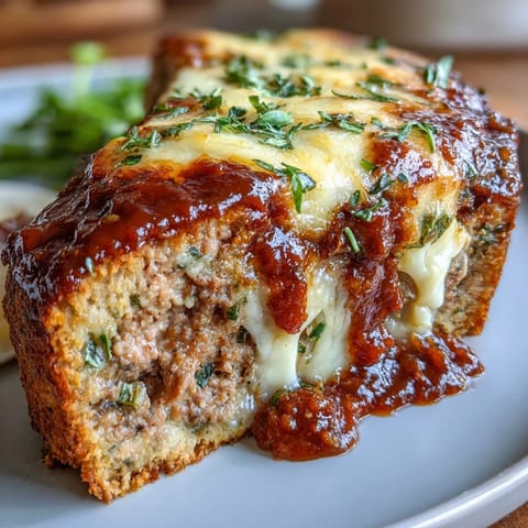 Juicy ground beef meatloaf infused with Italian herbs, topped with rich marinara and golden bubbly mozzarella cheese.  