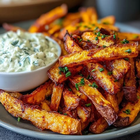 Crispy air fryer sweet potato fries served with creamy homemade onion dip, perfect for snacking or as a side dish.  