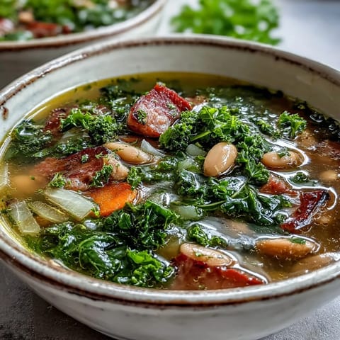 Hearty ham and kale white bean soup in a rustic pot, steaming with tender beans and leafy greens in rich broth.