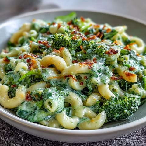 Vibrant spinach-infused cheese sauce coats tender elbow macaroni and fresh broccoli florets for a comforting vegetarian meal.  