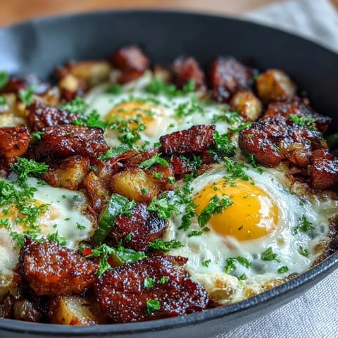 Hearty corned beef hash breakfast skillet with crispy potatoes, sautéed vegetables, and perfectly cooked eggs for a satisfying morning meal.